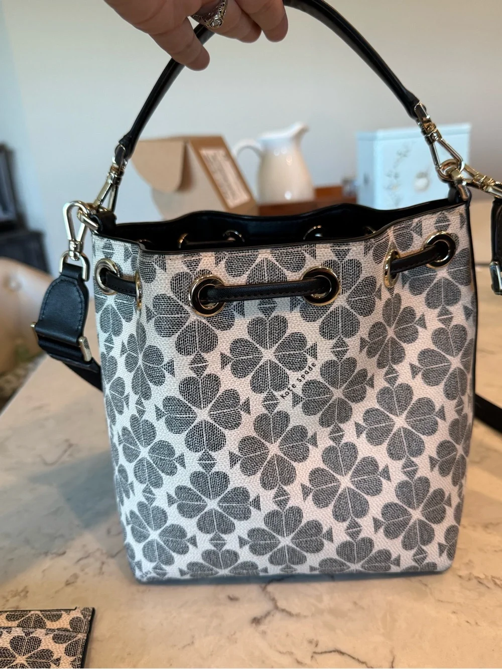 kate spade Black & White Floral Drawstring Crossbody Bucket Bag - Picture 2 of 6